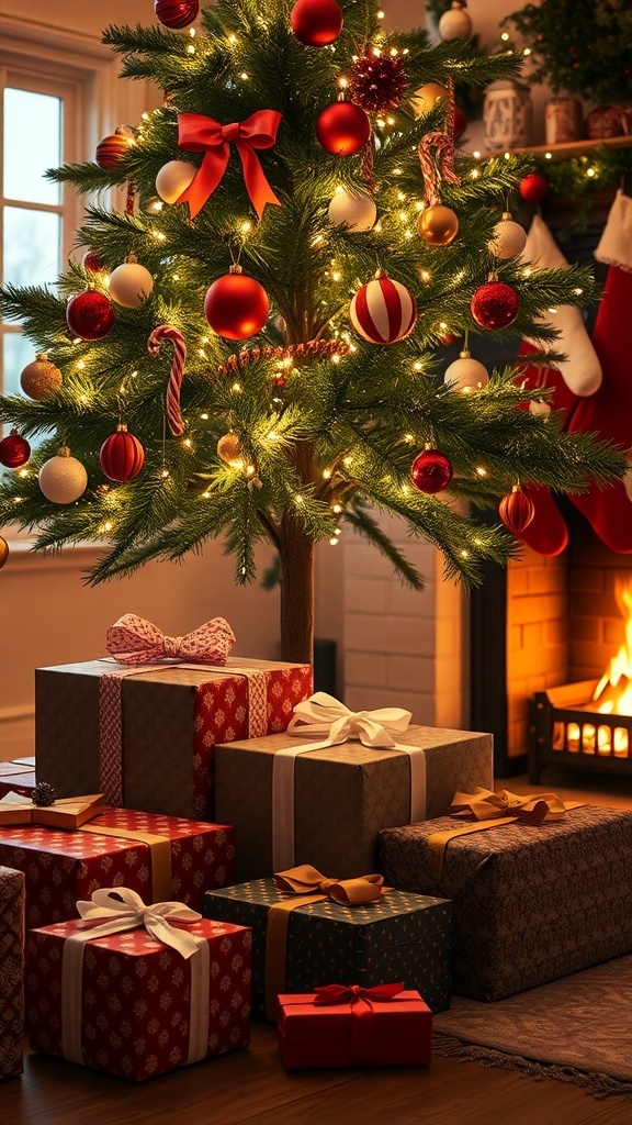 A festive Christmas scene with wrapped gifts under a tree and a cozy fireplace.